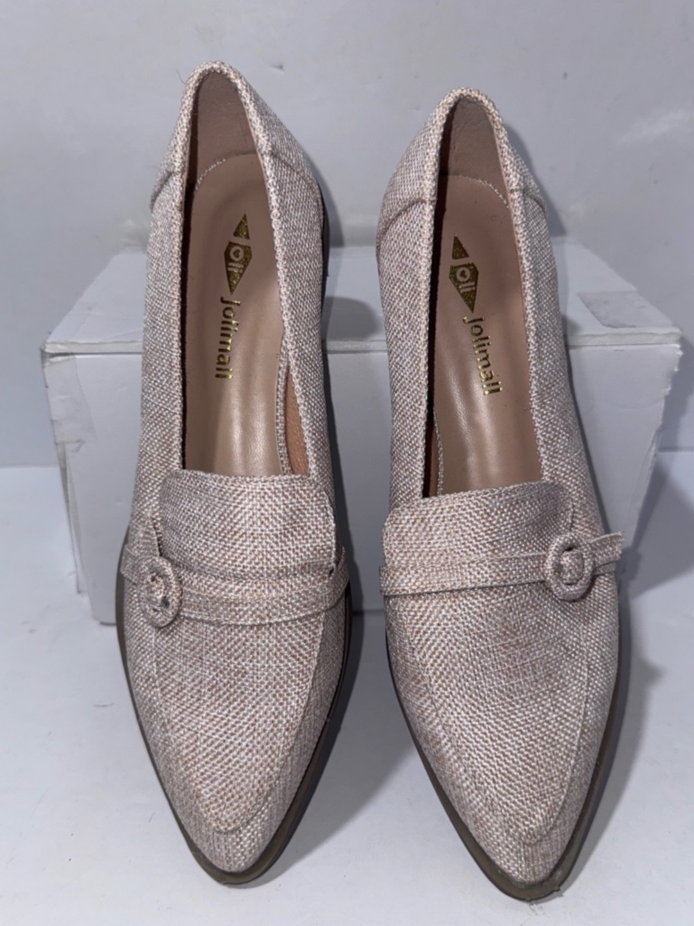 Jolimall size 7 beige tweed Pointed Toe Career Shoes with a side buckle detail